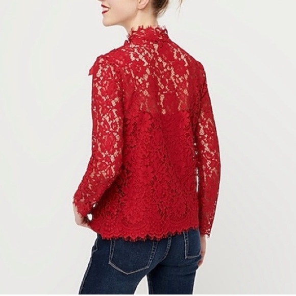 J. Crew Mockneck Floral Lace Red Top size 8 - Picture 2 of 7